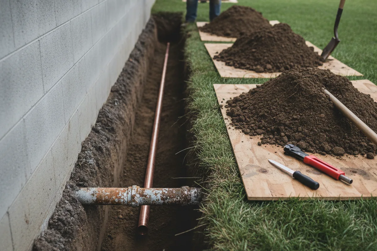 Excavated water line trench during Water Softener Installation in Jeremiah